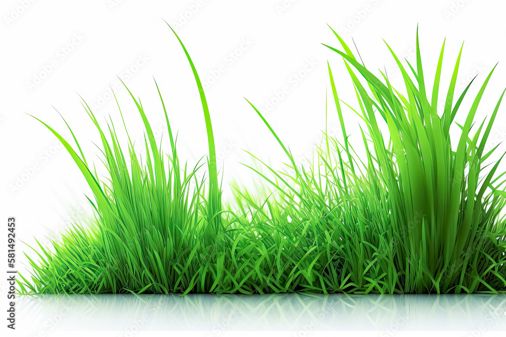 Obraz premium Fresh spring green grass on white background. - lush vibrant, clean, simple, minimalist, crisp, outdoors.
