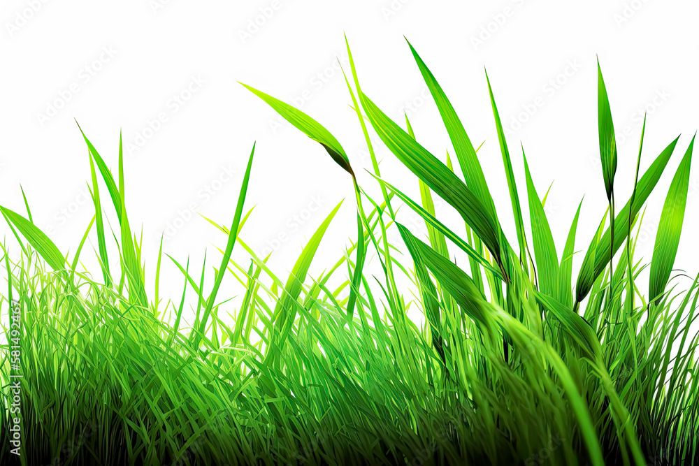 Fototapeta premium Fresh spring green grass on white background. - lush vibrant, clean, simple, minimalist, crisp, outdoors.
