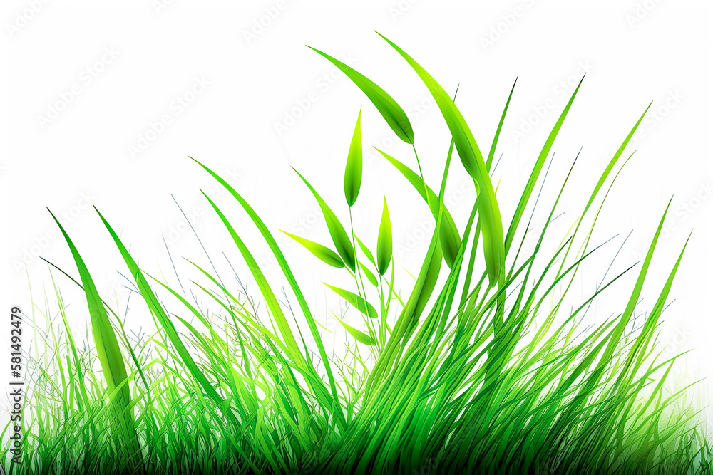 Obraz premium Fresh spring green grass on white background. - lush vibrant, clean, simple, minimalist, crisp, outdoors.