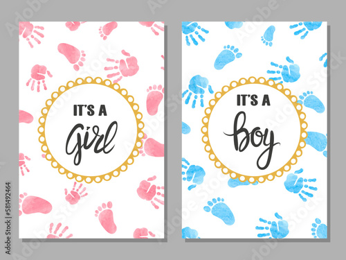 Baby shower boy and girl card set. Watercolor invitation cards design with baby palm hands and foot prints