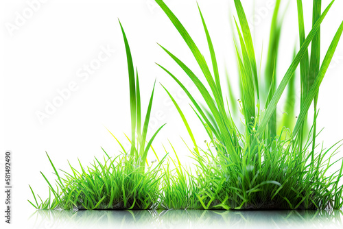 Fresh spring green grass on white background. - lush vibrant, clean, simple, minimalist, crisp, outdoors.
