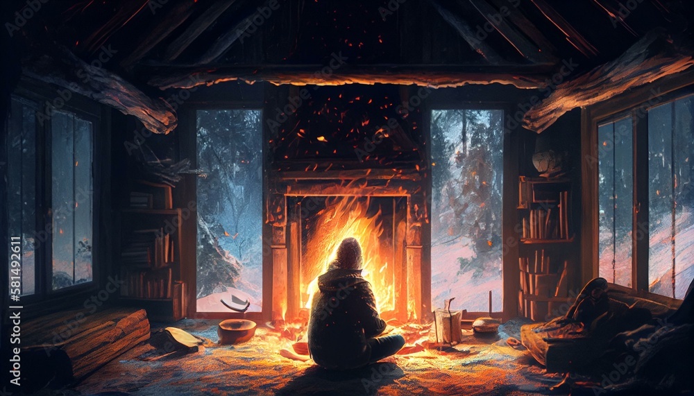 A person meditating in a cozy cabin with a roaring fire Generative AI