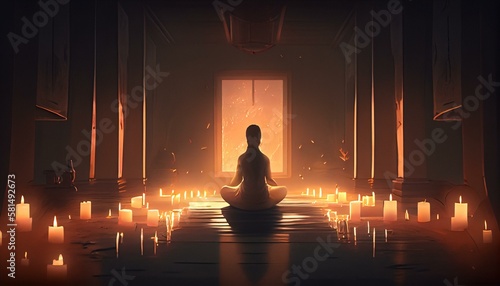 A person meditating in a yoga studio with candles and soft lighting Generative AI