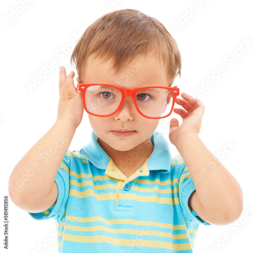 Like my new specs. Studio portrait of a cute young boy wearing glasses isolated on white.