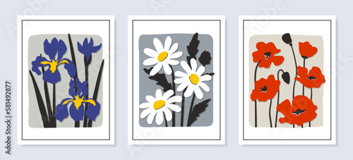 Trendy floral posters set. Wall art prints with bright flowers. Vector daisy, poppy and iris illustration