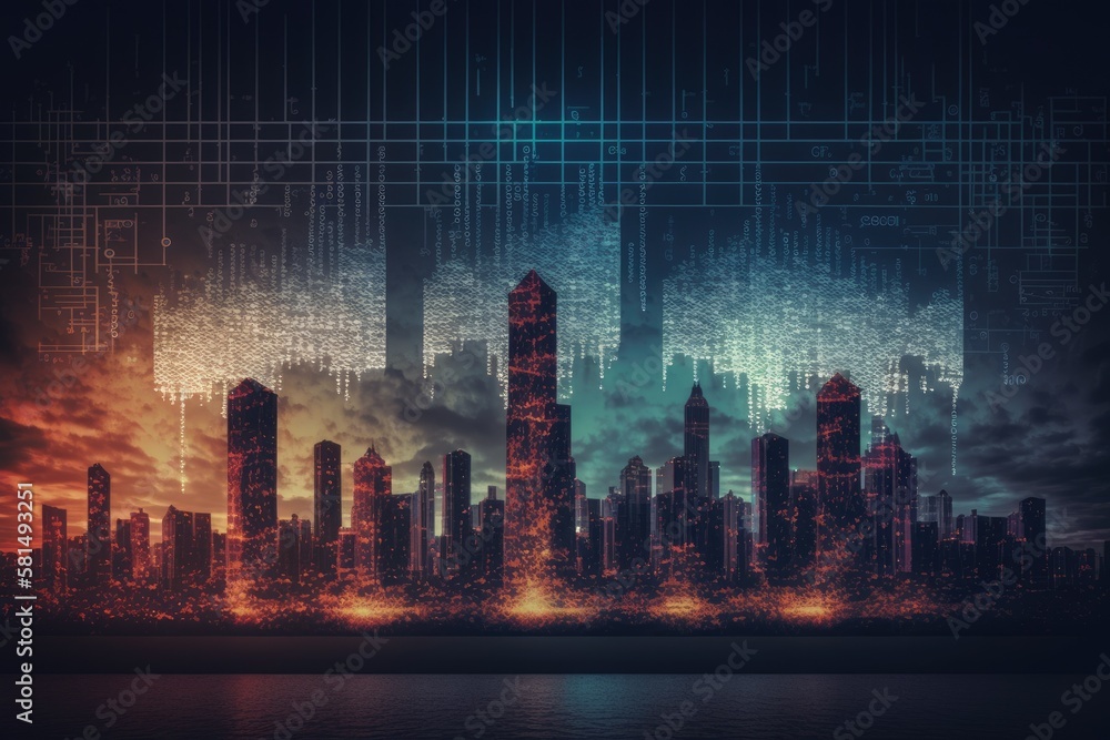 Abstract virtual coding concept on Chicago skyline background. Multiexposure. Generative AI