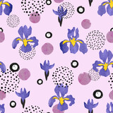 Seamless abstract iris pattern. Vector trendy floral print with lilac flowers and circles