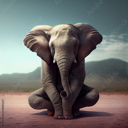 An elephant meditates or does yoga in nature. Created with Generative AI technology.