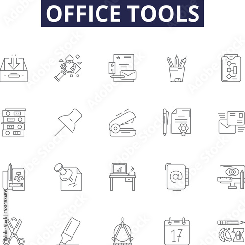 Office tools line vector icons and signs. Tools, Word, Excel, PowerPoint, Outlook, Access, OneNote, Publisher outline vector illustration set photo