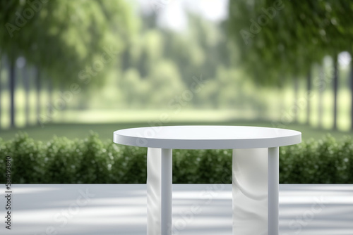 Smooth blank empty table  in the middle of green park with trees and plants. Empty space for mock up product presentation  advertisement display.