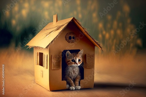 small beaful cat sits quietly inside small cardboard house, created with generative ai photo