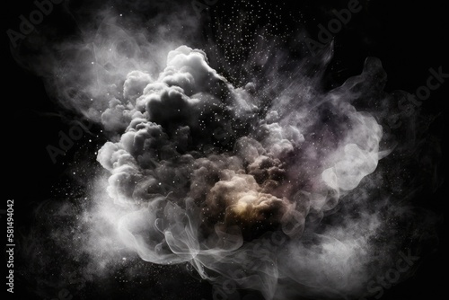 Overlay of smoke and powder on a dark background. Generative AI