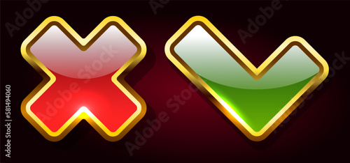 Check and cross buttons. Red and green icons in a gold frame. Vector clipart isolated on white background.