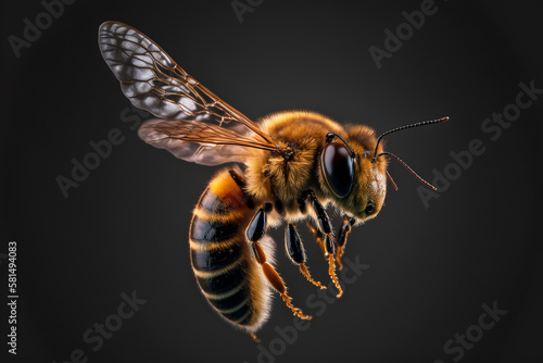Close up of a Flying Honey Bee Illustration, Macro of a Bee Insect, Generative AI © GloriaSanchez