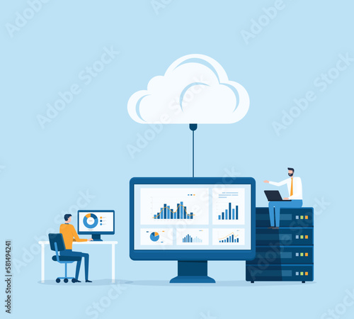 business technology cloud computing service  and datacenter storage server connect on cloud concept with administrator and developer team working on dashboard monitor concept