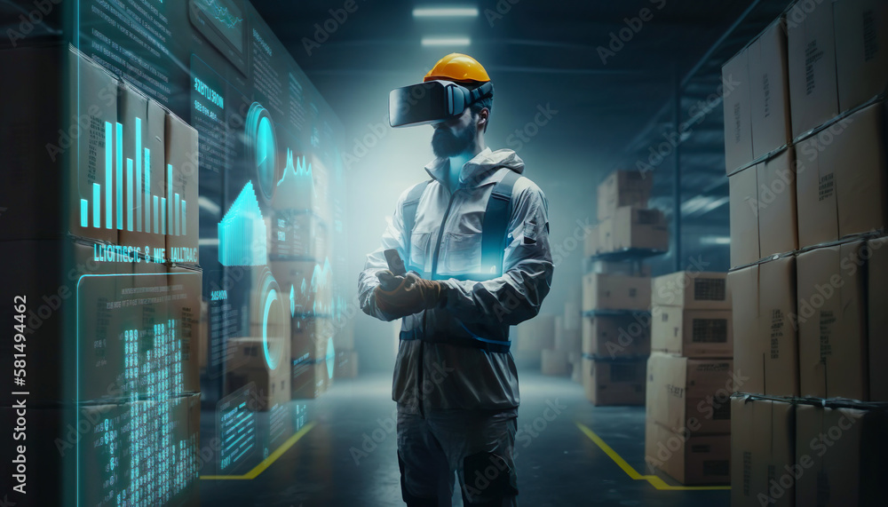 Fototapeta premium stock clerk or warehouse clerk with smart system virtualization for quality control work.Virtual reality technology.safety management concepts.ai generated images