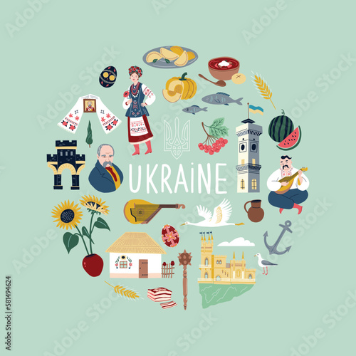 Ukrainian set with national, traditional symbols: rushnyk, borsch, flag, hut, Cossack,  pysanka, bandura, lard. Ukraine elements collection for design photo
