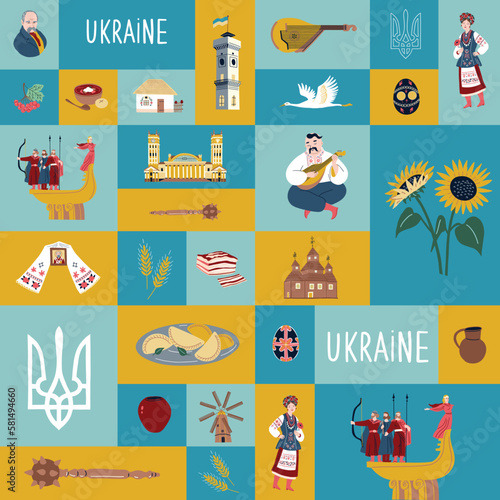 Ukrainian set with national, traditional symbols: rushnyk, borsch, flag, hut, Cossack,  pysanka, bandura, lard. Ukraine elements collection for design