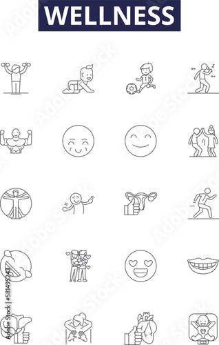Wellness line vector icons and signs. Fitness, Balance, Nutrition, Vitality, Wellbeing, Exercise, Mindfulness, Hygiene outline vector illustration set