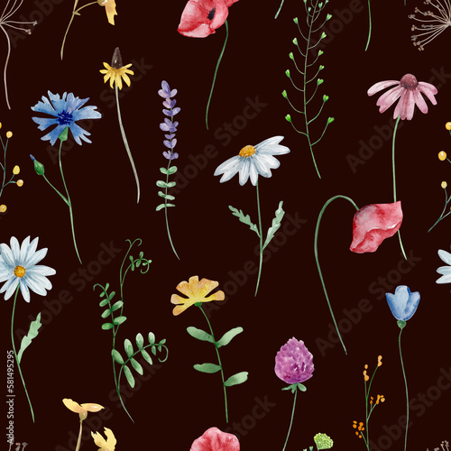 Seamless floral pattern of watercolor wildflowers
