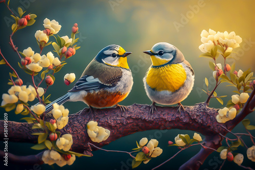 Cute little spring birds on the branch of a tree and flowers, bokeh background, generative ai