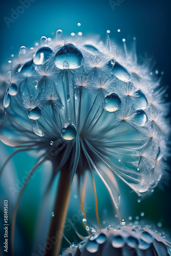 drops of dew on dandelion seeds, blue background, close up, generative ai