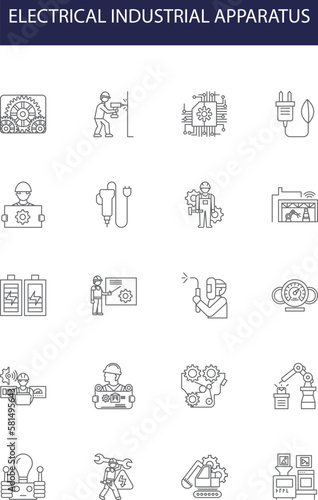 Electrical industrial apparatus line vector icons and signs. Electrical, Industrial, Motors, Connectors, Transformers, Control, Switches, Relays outline vector illustration set