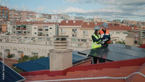 Wallpaper Mural Technical engineers talking about inspection of photovoltaic rooftop Torontodigital.ca
