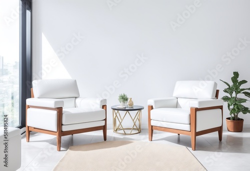 White living room design with mockup frame. Modern minimalistic interior background, 3d render with copy space.