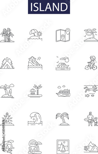 Island line vector icons and signs. Tropical, Archipelago, Isles, Nodule, Drifting, Resort, Surrounded, Spectacle outline vector illustration set