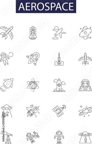 Aerospace line vector icons and signs. Aviation, Rocket, Spacecraft, Aircraft, Satellites, Jets, Propellers, Engines outline vector illustration set