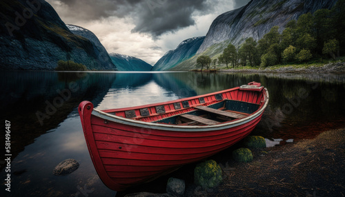 Old red boat on the shore of the fjord in Norway. Photorealistic drawing generative AI.	 photo