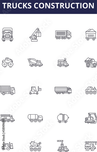 Trucks construction line vector icons and signs. industry, construction, industrial, machine, vehicle, equipment, machinery,heavy outline vector illustration set