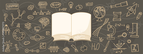 Book with hand written school subjects doodle.
