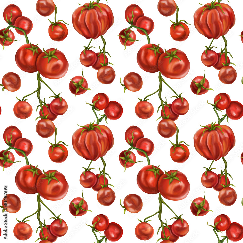 Seamless hand drawn pattern with red tomatoes and cherry tomatoes. Vegetable background for textiles, fabrics, banner, wrapping paper, and other designs. Digital illustration on white background Seamless hand drawn pattern with red tomatoes and cherry tomatoes. Vegetable background for textiles, fabrics, banner, wrapping paper, and other designs. Digital illustration on white background