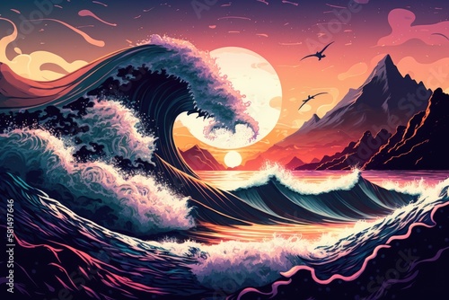 sunrise illustration of a landscape and lovely anime ocean waves. Generative AI