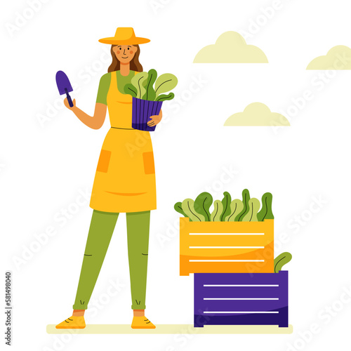 Cute happy women or girl caring about plants isolated on white background. Home gardening and growing houseplants. Flat style vector illustration of trendy people with garden plants.