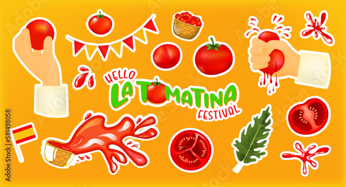 La Tomatina festival stickers. La Tomatina in Spain. tomato fight. tomato battle.