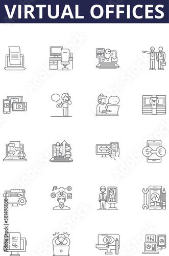 Virtual offices line vector icons and signs. Offices, Remote, Workspaces, Telecommuting, Collaborative, Computing, Automated, Shared outline vector illustration set