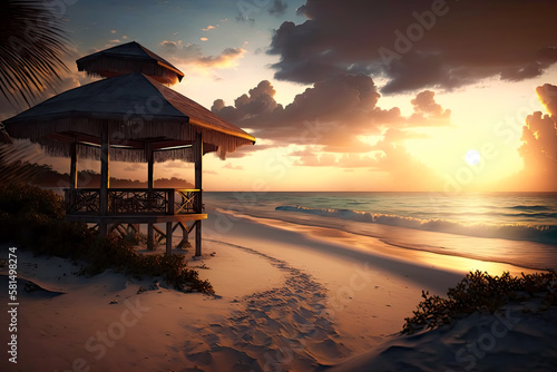 Cinematic Sunrise over the beach in Cancun. - cheerful, lively, energetic, refreshing, atmospheric, mood, dreamy, romantic, idyllic, leisure, exotic, getaway, horizon, sea, ocean, water, sand, shore. © Saulo Collado