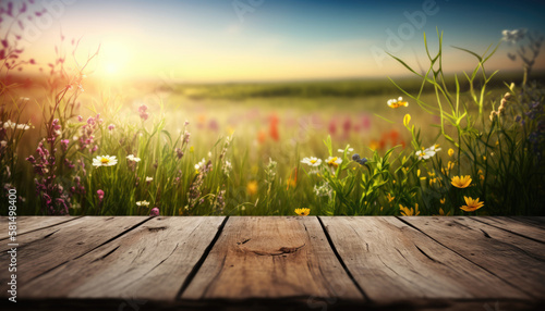 A shabby wooden table against the backdrop of a field at dawn. Mockup template for product presentation with wildflowers. Photorealistic drawing generative AI.