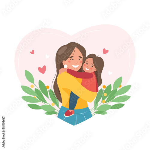 Portrait of cute young mother embracing her daughter with love. Mother holds her toddler daughter. Vector illustration in flat style