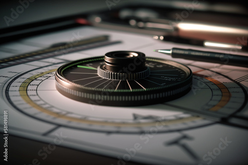 A close up of a drafting compass or protractor, showcasing the architecture and drafting profession