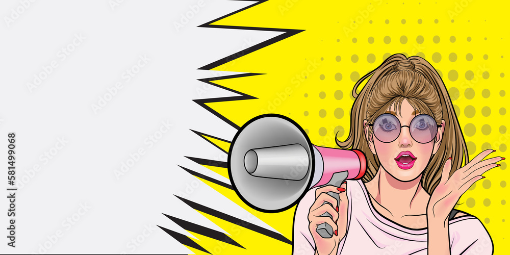 Surprised young woman in glasses with megaphone saying something and riding female finger to advertising poster with woman announcing a discount or sale Surprised young woman in glasses with megaphone saying something and riding female finger to advertising poster with woman announcing a discount or sale
