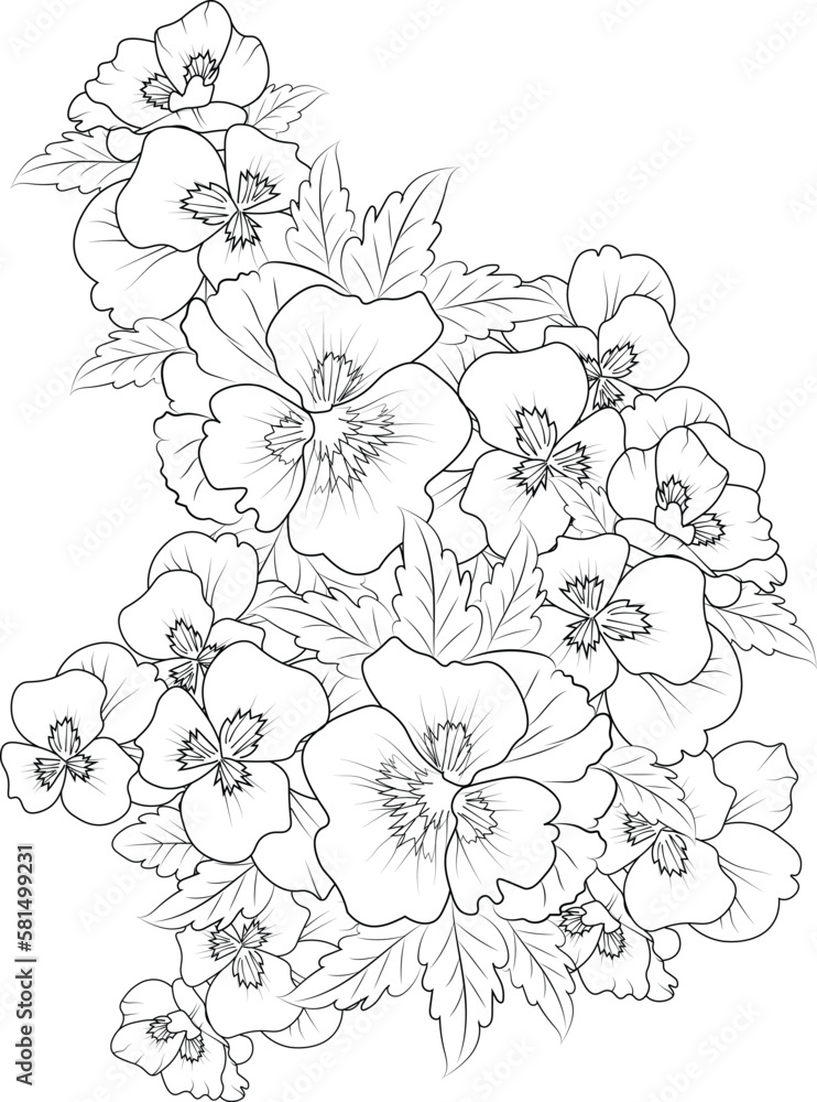 Pansy flower line art, vector illustration, hand-drawn pencil sketch, coloring book, and page, isolated on white background clip art. purple pansies drawing, realistic pansy flower outline drawing.