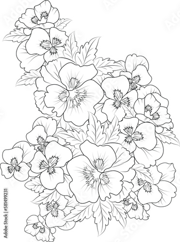 Pansy flower line art, vector illustration, hand-drawn pencil sketch, coloring book, and page, isolated on white background clip art. purple pansies drawing, realistic pansy flower outline drawing.