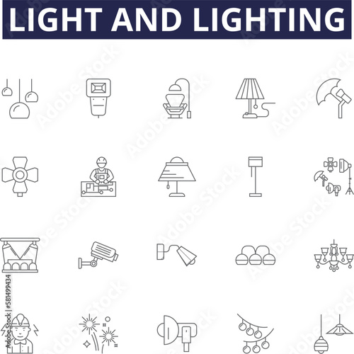 Light and lighting line vector icons and signs. Illumination, Neon, Sunlight, Ambience, Sparkle, Candlelight, Glare, Shadow outline vector illustration set