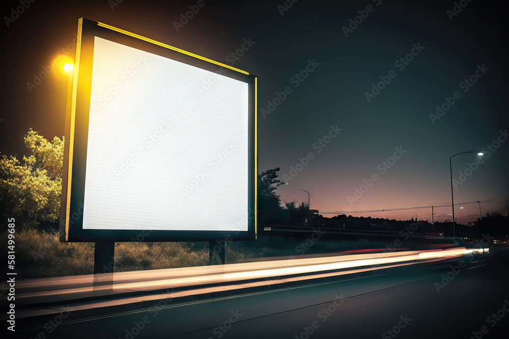 AI generated Blank billboard on the highway at sunset AI generated Blank billboard on the highway at sunset