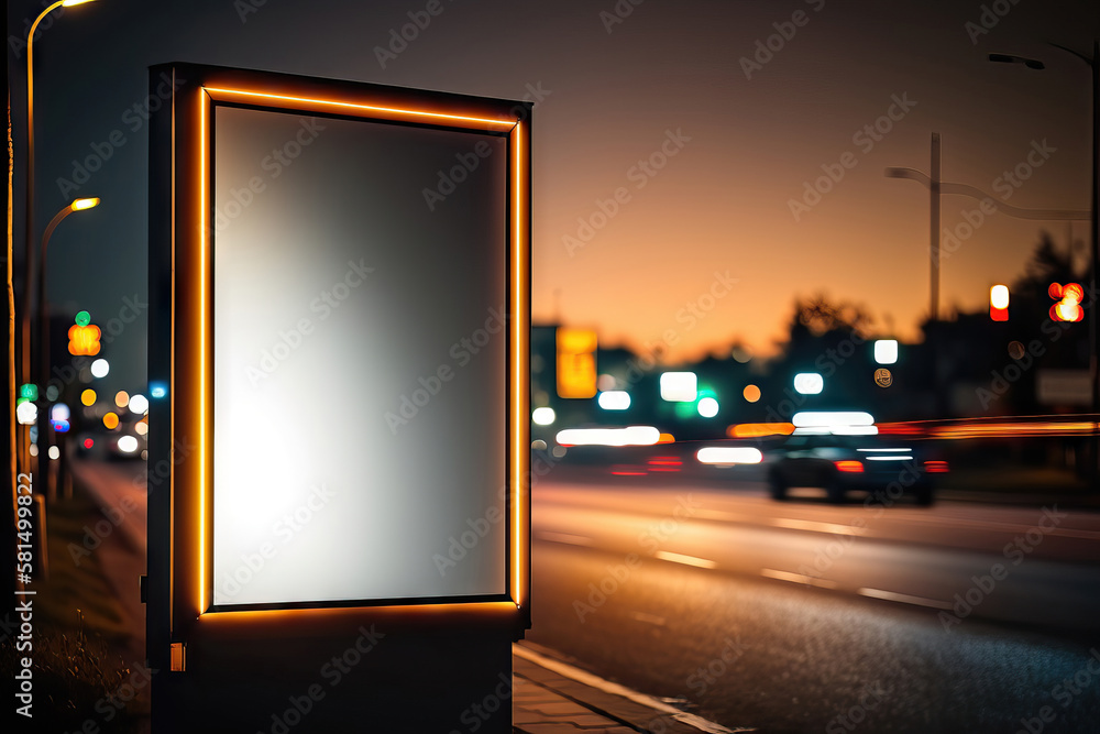 AI generated Blank billboard on the highway at sunset