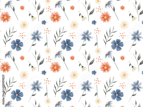Fondo de patrón de flores naranajas y azules con efecto acuarela y hojas decorativas photo